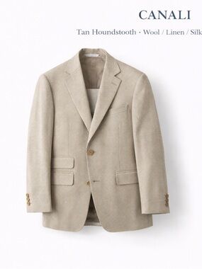 Canali Tan Houndstooth Wool-Linen-Silk Sport Coat - 40R